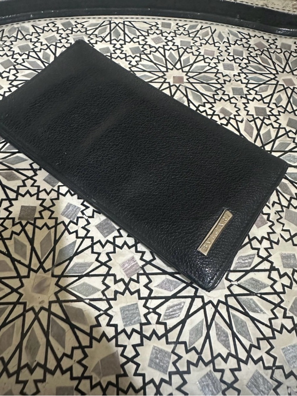 Authentic BVLGARI Black Grained Leather Continental Wallet Silver Logo